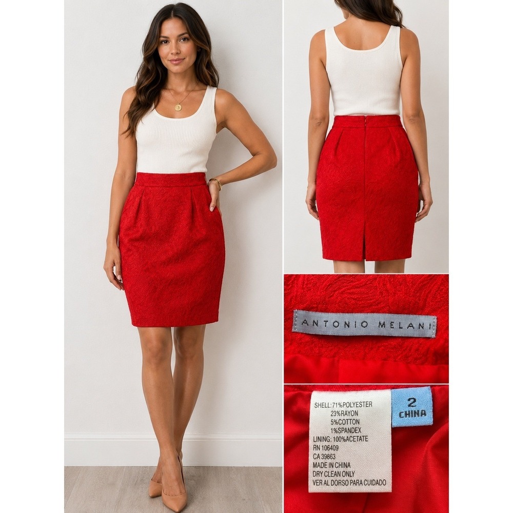 Antonio Melani Skirt Womens 2 Red Twill Pencil Knee Length Lined Career‎ Office